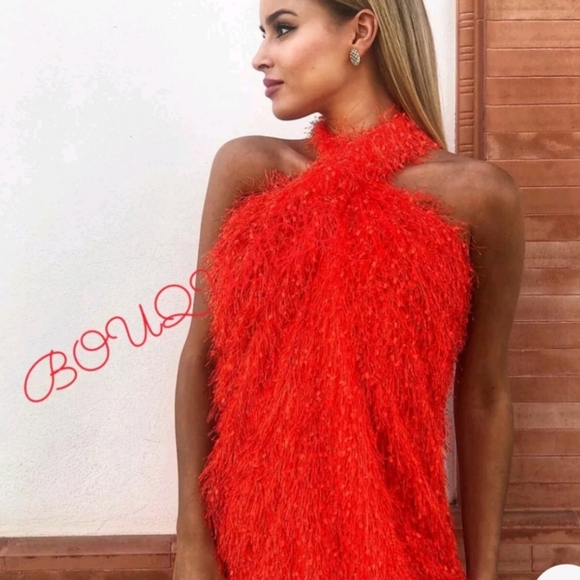 Women designer ZARA new $95 orange fringe bohemian halter mini dress size large - Picture 11 of 16